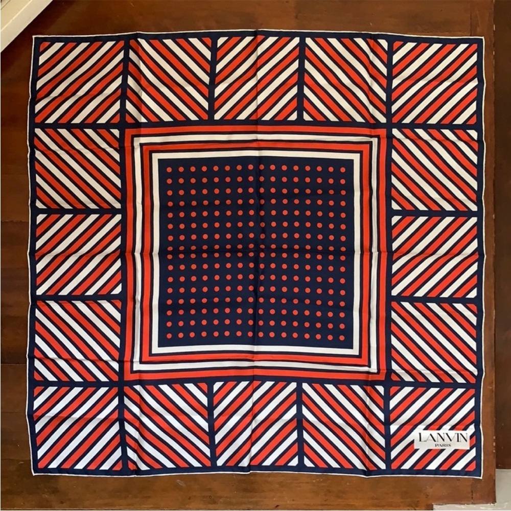 Lanvin Navy and Red Striped 100% Silk Scarf